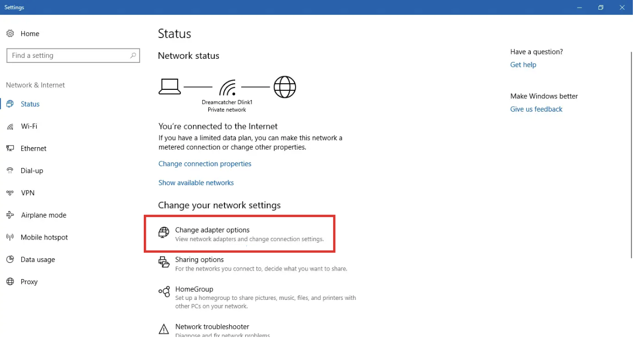 Click on Change adapter options
